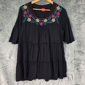 Womens Top‎ Medium Black Floral Embroidered Boho Tiered Peasant Hippie Tunic